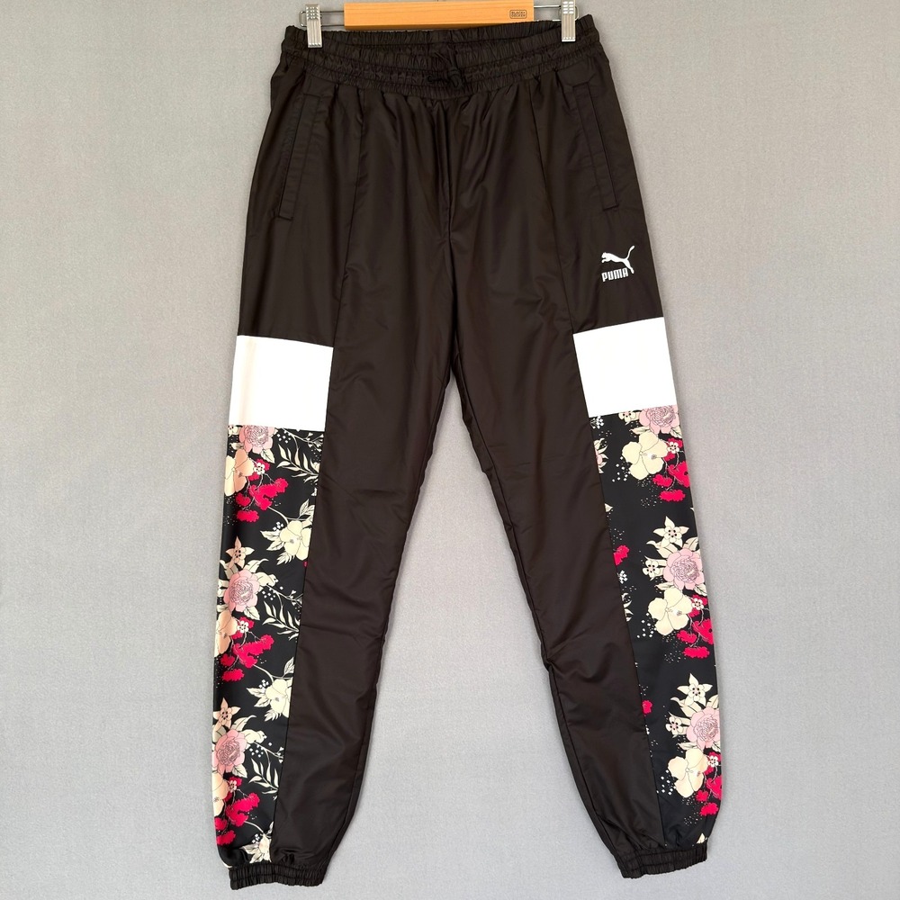 Puma Woven Pants Windbreaker Women's S Black Floral Trend AOP Athletic Y2K